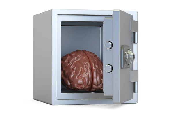 Cerebro protegido en la caja fuerte, representación 3D — Foto de Stock