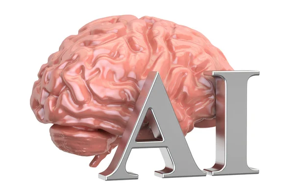 Cerebro humano y texto de IA, concepto de inteligencia artificial. Rin 3D — Foto de Stock