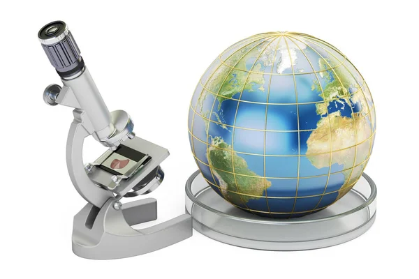 Microscopio con Earth Globe, conce global de investigación y descubrimiento — Foto de Stock