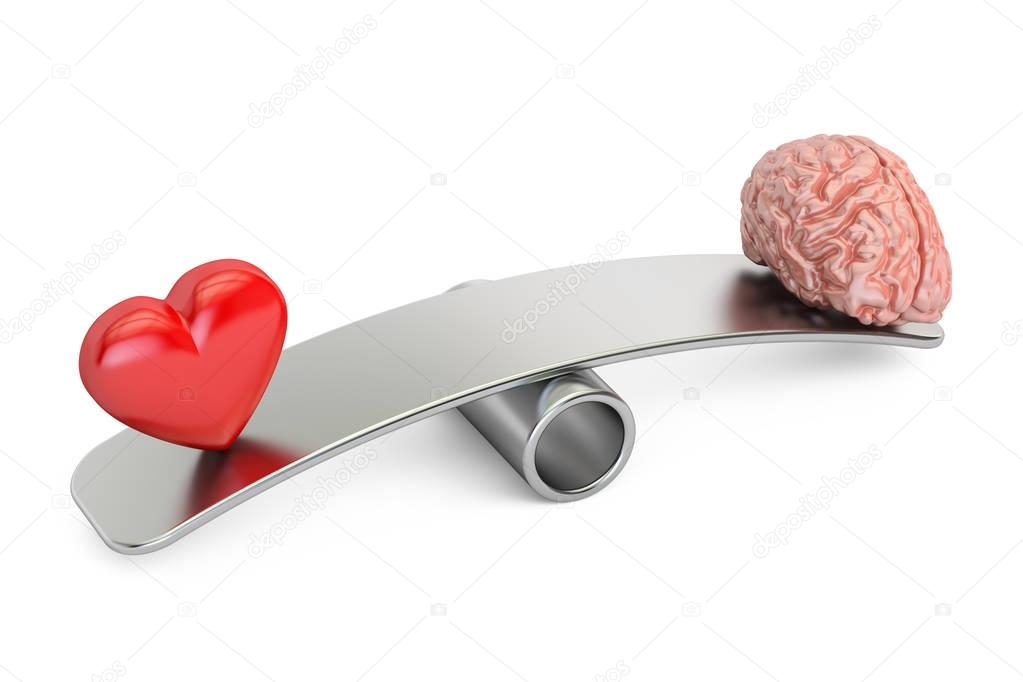 balance concept, seesaw with heart and brain, 3D rendering 