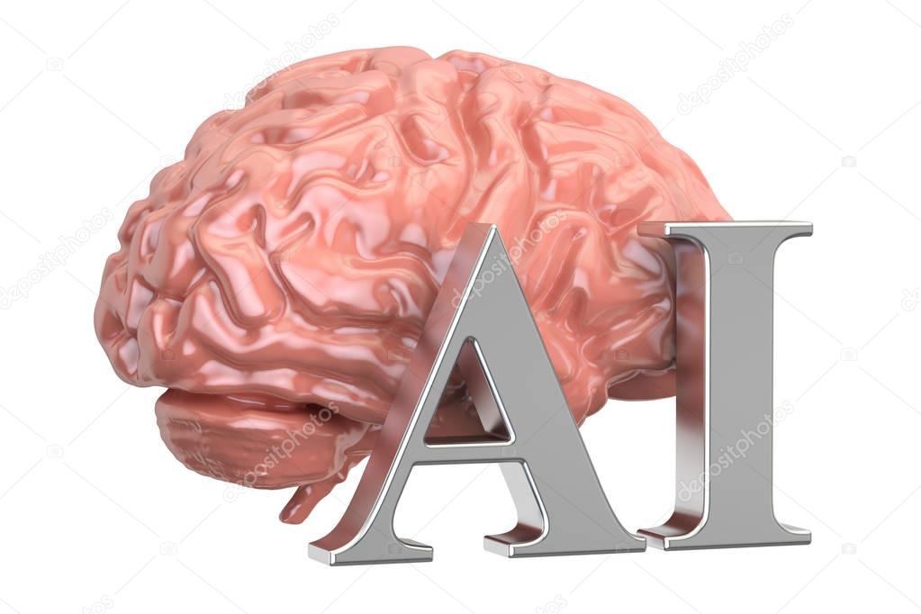 Human brain and AI text, artificial intelligence concept. 3D ren