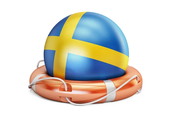 スウェーデン国旗、安全と Lifebelt ヘルプし、概念を保護します。3 d 日時 — ストック写真