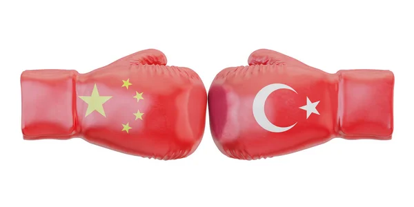 Türkiye ve Çin bayraklarıyla boks eldivenleri. Hükümetler çatışma — Stok fotoğraf