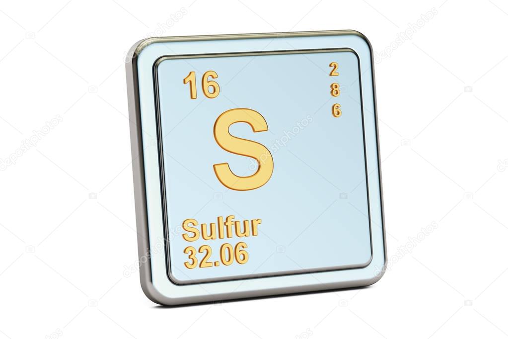 Sulfur S, chemical element sign. 3D rendering