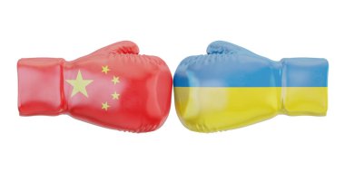 Ukrayna ve Çin bayraklarıyla boks eldivenleri. Hükümetler çatışma