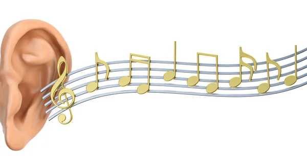 Вушні та музичні ноти, що наближаються, 3D рендеринг — стокове фото