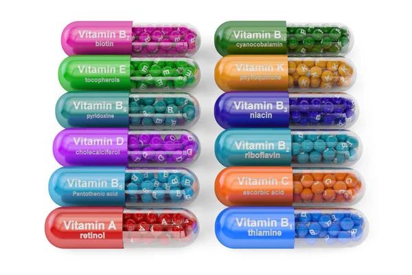 Conjunto de cápsulas de vitaminas, renderização 3D — Fotografia de Stock