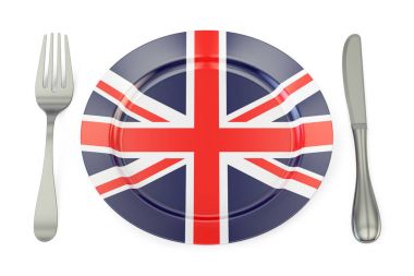 Britanya mutfağı kavramı, bir tabak çatal ve bıçak İngiltere bayrağı.