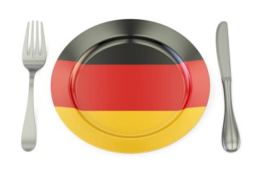 Alman mutfağı kavramı, Almanya bayrağı ile plaka. 3D render
