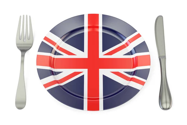 Britain cuisine concept, UK flag on a plate with fork and knife. — Stock Photo, Image