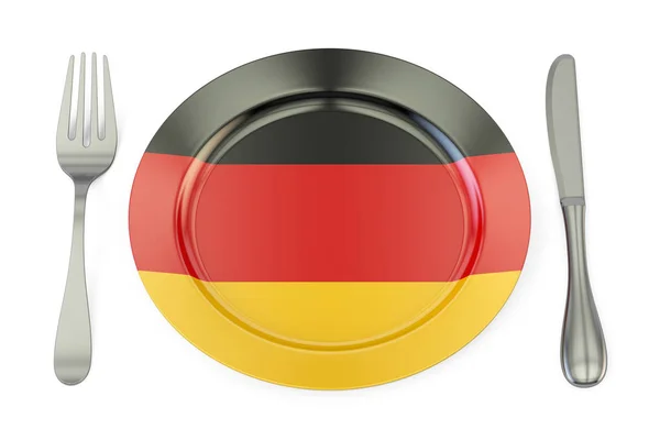Dania kuchni niemieckiej koncepcji, płyta z banderą Niemiec. renderowania 3D — Zdjęcie stockowe