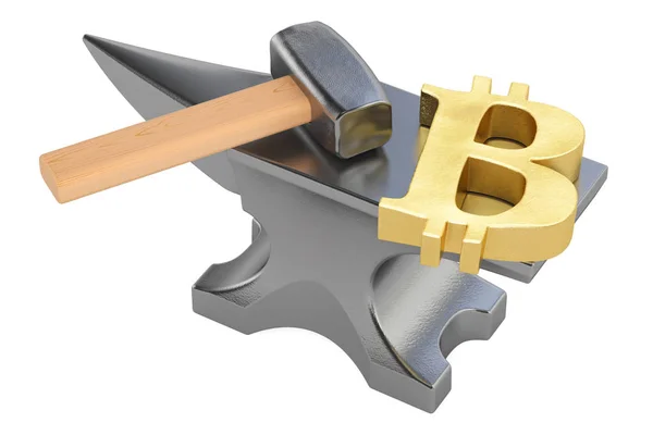 Amboss mit Gold-Bitcoin-Symbol, 3D-Rendering — Stockfoto