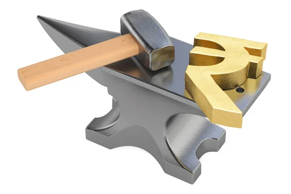 Anvil with gold rupee symbol, 3D rendering — Stock Photo, Image