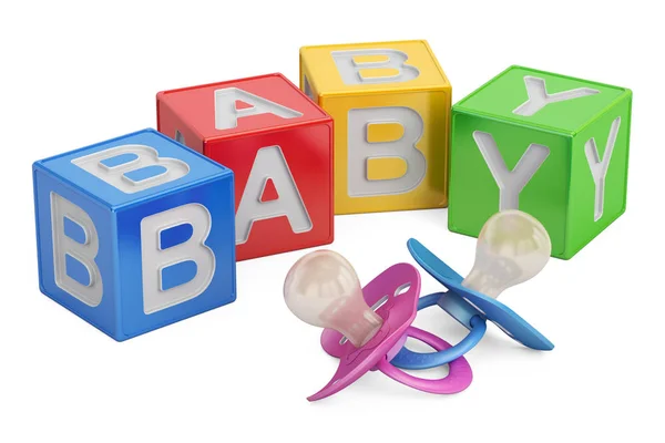Educação para o conceito de bebê, cubos de criança com chupetas. Renderi 3D — Fotografia de Stock