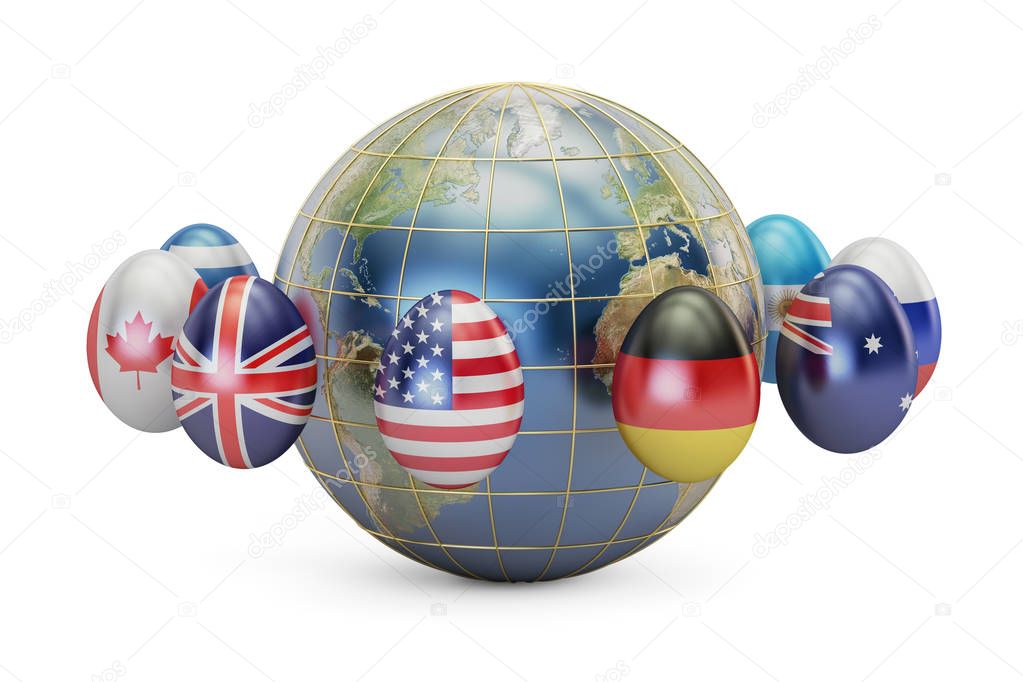 Easter holiday concept. Eggs with flags around the Earth, 3D ren