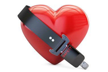 Emniyet kemeri, güvenlik ve sigorta kavramı ile kalp. 3D renderi