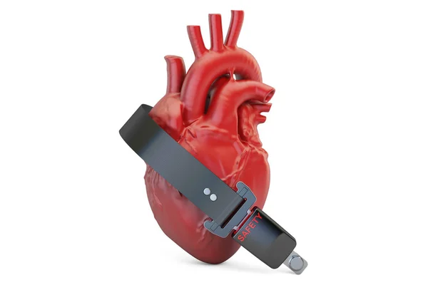 Corazón humano con cinturón de seguridad, concepto de seguro de salud. 3D rend — Foto de Stock