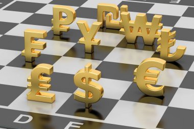 para kavramı, satranç tahtasının para birimi simgelerini. 3D render