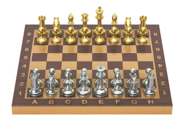 Chess board with gold and silver figures, top view. 3D rendering — Stock Photo, Image