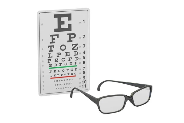 Eyeglasses and eye chart, 3D rendering — Stock Photo, Image