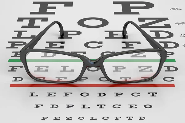 Eye Chart and Glasses, 3D rendering — Stock Photo, Image