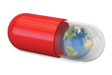 Dünya küre ile hap kapsül. Dünya tıp kavramı, 3d render