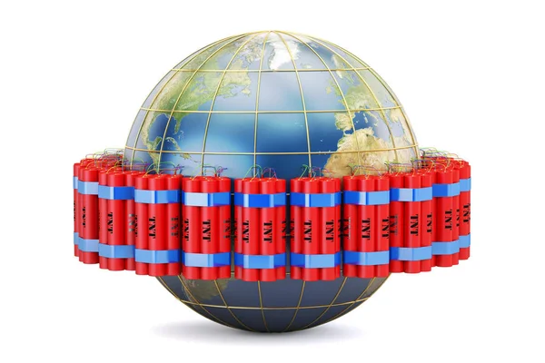 Earth globe with dynamite , 3D rendering — Stock Photo, Image