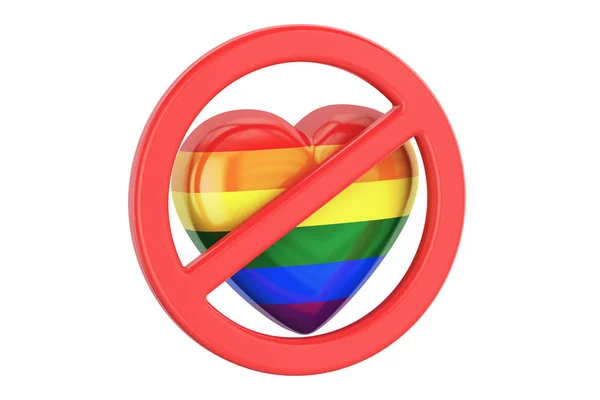 Corazón con arco iris bandera gay en señal prohibida, representación 3D — Foto de Stock