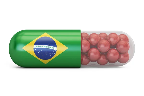 Pilulka kapsle s vlajkou Brazílie. Brazilské zdravotní péče koncept, 3d — Stock fotografie