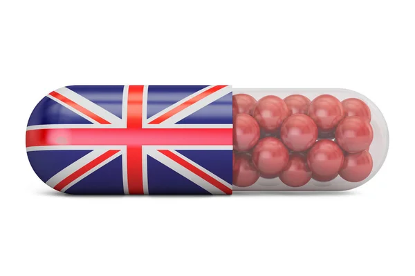 Piller kapsel med Storbritannien flagga. Brittiska hälso-och koncept, 3d — Stockfoto