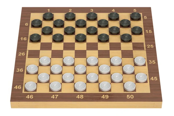 国际跳棋游戏棋盘与棋子，3d 渲染 — 图库照片