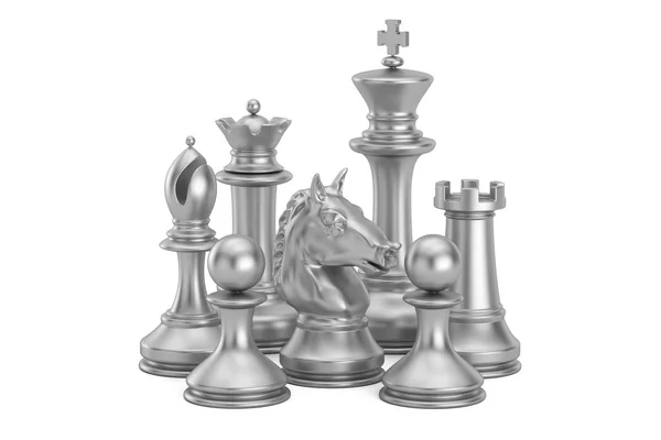 Figuras de xadrez de prata, renderização 3D — Fotografia de Stock