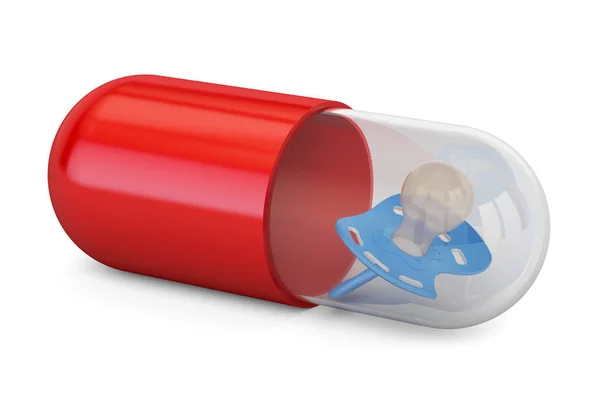 Concepto de medicina infantil. Cápsula, píldora con chupete, representación 3D —  Fotos de Stock
