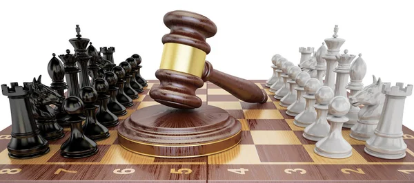 Gavel on chess board with figures. Law chess concept, 3D renderi — Stock Photo, Image