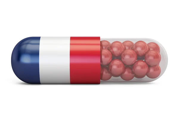 Pil kapsul dengan bendera Perancis. Konsep perawatan kesehatan Perancis, 3D re — Stok Foto