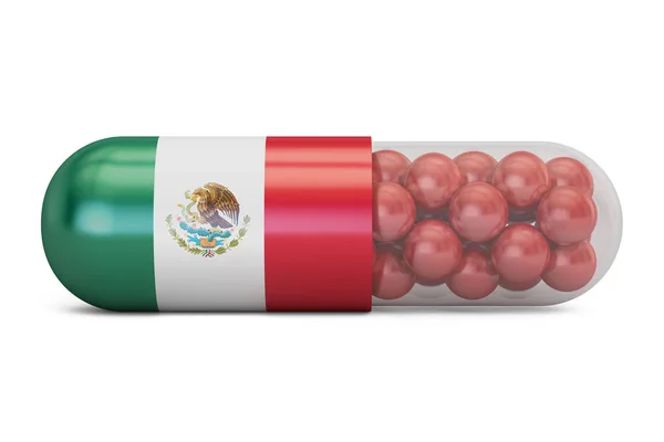 Κάψουλα χάπι με σημαία Μεξικό. Μεξικάνικη υγειονομικής περίθαλψης έννοια, 3d r — Φωτογραφία Αρχείου