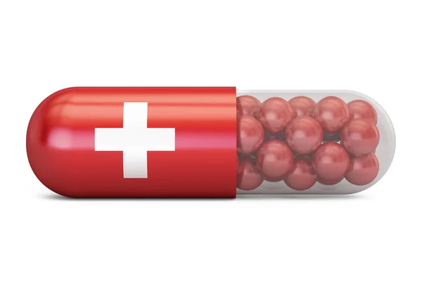 Cápsula de comprimidos com bandeira suíça. Conceito de saúde suíço, 3 — Fotografia de Stock