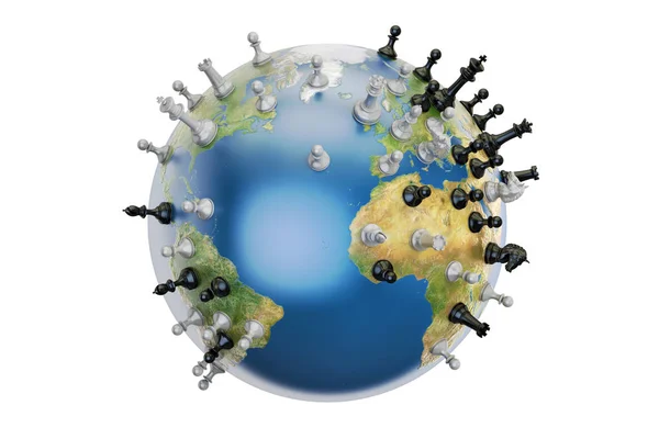 Концепція глобальної стратегії, світова куля з шаховими фігурами. тривимірний — стокове фото