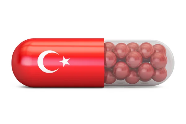 Pill capsule with Turkey flag. Turkish health care concept, 3D r — Stock Photo, Image