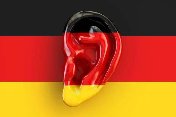 Concetto di intelligence tedesca, orecchio sulla bandiera della Germania. Rend 3D — Foto Stock
