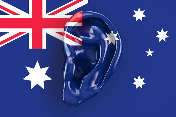 Australian intelligence concept, ear on the flag of Australia. 3 — Stock Photo, Image