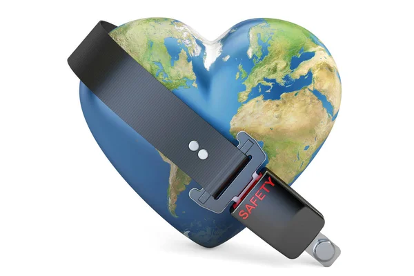 Світова куля серця з поясом безпеки, безпечною та безпечною концепцією. 3 — стокове фото