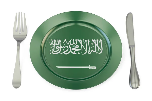 Arabia Saudita concepto de cocina, plato con bandera. Renderizado 3D — Foto de Stock