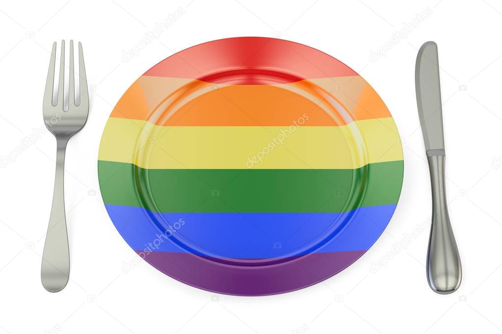 Plate with rainbow gay flag, 3D rendering