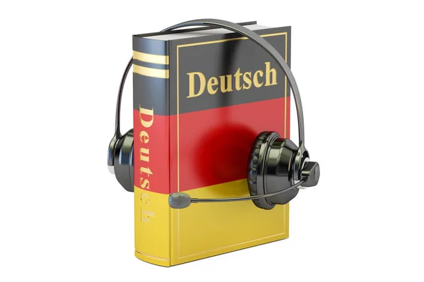Deutschsprachiges Lehrbuch mit Headset, Lernen und Übersetzen — Stockfoto