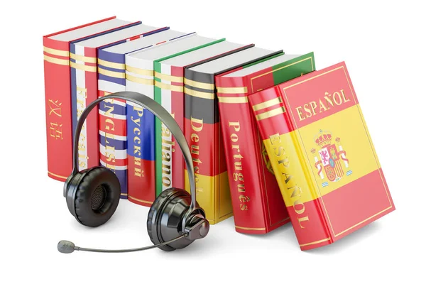 Ακουστικά με μικρόφωνο και γλώσσα βιβλία, μάθηση και να μεταφράσει την έννοια. 3D r — Φωτογραφία Αρχείου