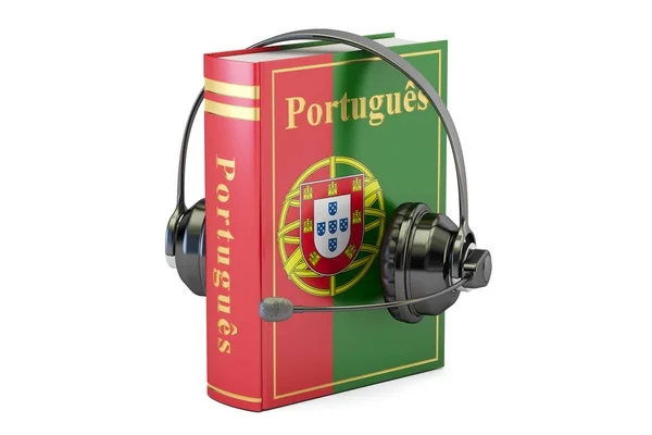 Manual de língua portuguesa com fone de ouvido, aprendizagem e tradução — Fotografia de Stock