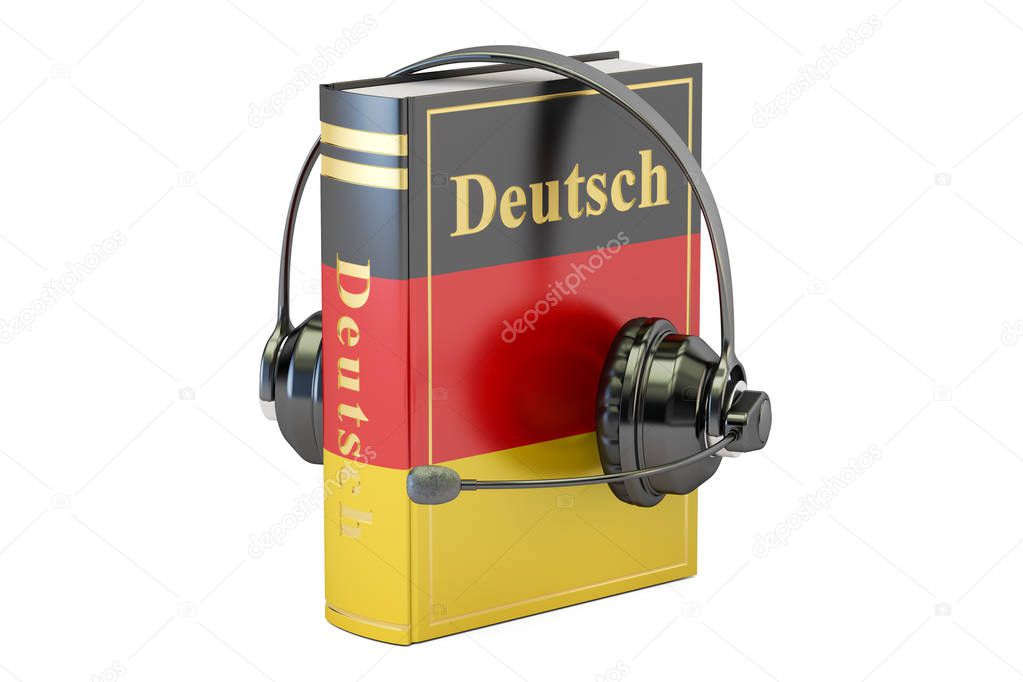 German language textbook with headset, learning and translate co