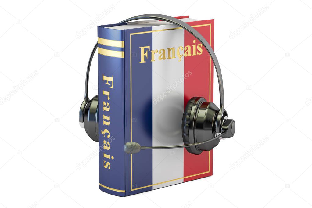 French language textbook with headset, learning and translate co