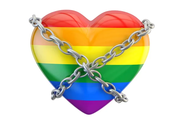 Arco-íris coração gay com corrente, segurança e conceito seguro. Rend 3D — Fotografia de Stock